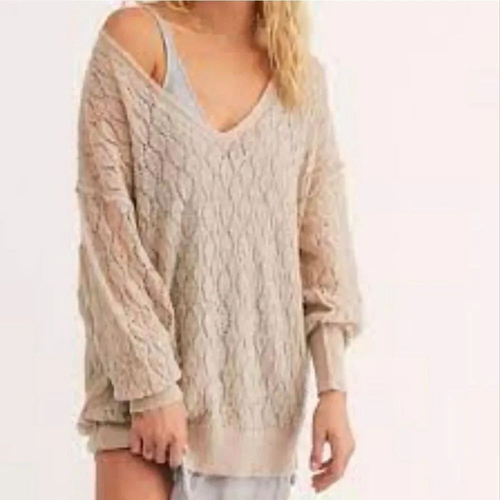 Free People Say Hello Open Knit Tunic Sweater/DressTaupe Nwt Size Small
